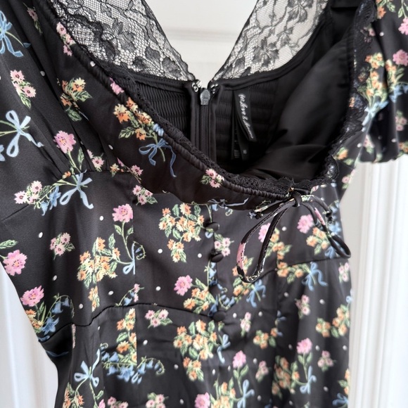 For Love & Lemons Floral Satin Mini Dress XS Lace Puff Sleeve Retail $239 - Picture 9 of 15